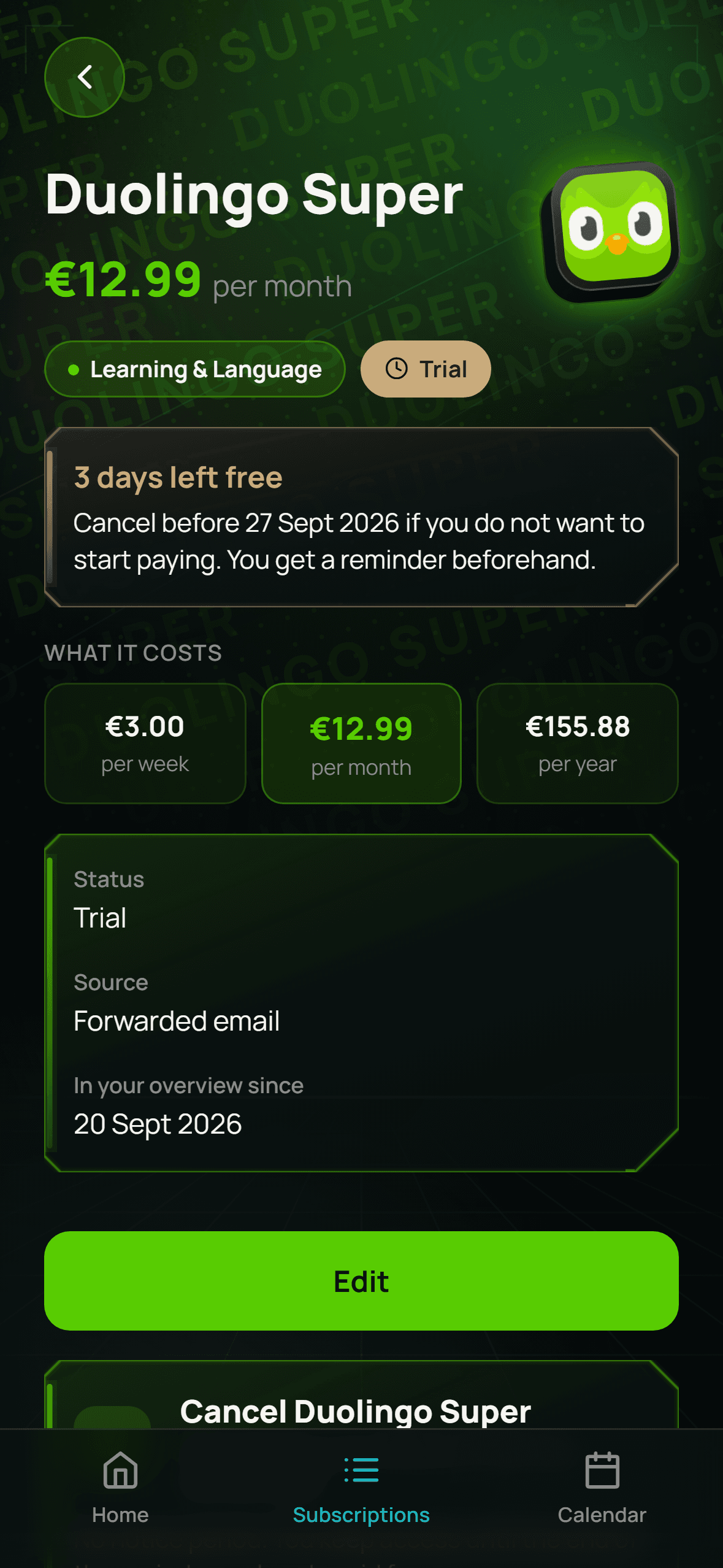 A free trial in PerchWise: 3 days left, cancel before 27 September if you do not want to keep paying.